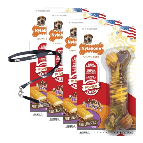 Set mit Hundetraining Edelstahl-Klicker WHI, und Flavor Frenzy Dura Chew Power Chew Kauen Philly Cheesesteak Flavored Bon, 4 Stück von moofin