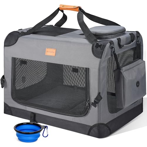 Morpilot Große Transportbox für Hunde und Katzen, weiche Seiten, Faltbare Hunde-Autobox für max. 12 kg, mit faltbarem Napf, Schultergurt und Aufbewahrungstaschen, Grau von morpilot