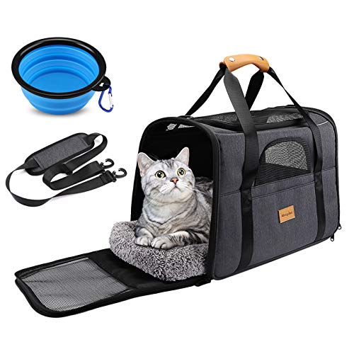 Morpilot Hundetasche Transportbox, Atmungsaktive und Faltbare Hundebox, Katzen transportboxen mit Verstellbarem Schultergurt, Katzentransportkäfig mit Abnehmbarer Plüschmatratze + Schüssel von morpilot