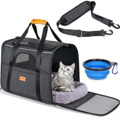morpilot Katze Transporttasche Hundetasche Transportbox Faltbare Hundebox mit Verstellbarem, Katzentransportkäfig mit Abnehmbarer Plüschmatratze Schüssel 43x30x33 cm von morpilot