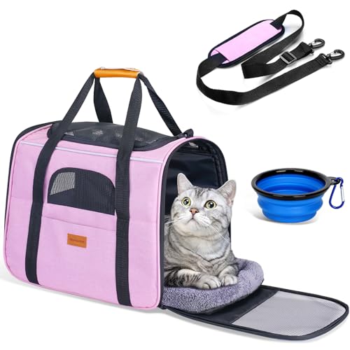 Morpilot Transportbox Katze Katzen transportboxen, Faltbare katzentasche transporttasche, hundetragetasche Transporttasche mit Einstellbar Schultergurt katzenbox für Katzen Kleiner Hund Welpe Rosa von morpilot