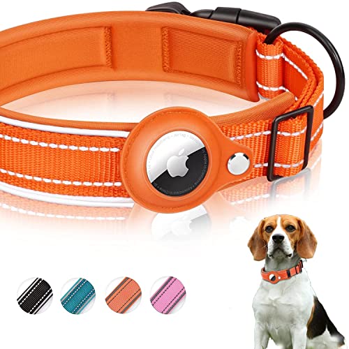 Airtag Hundehalsband,Airtag Halsband Nylon Gepolstertes[Breit],Reflektierend Airtag Hund Verstellbares für große/mittelgroße/kleine Hunde(L, Orange) von mouyou