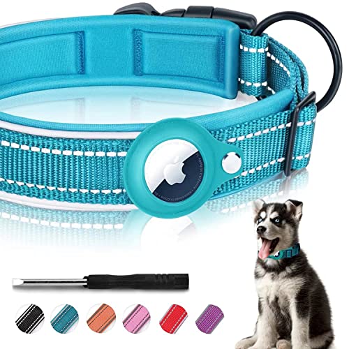 MouYou Airtag Hundehalsband,Airtag Halsband Hund Nylon Gepolstertes,Verstellbares Reflektierend Hundehalsband für Apple AirTag Integration für große/mittelgroße/kleine Hunde(Größe-S,Blau) von mouyou