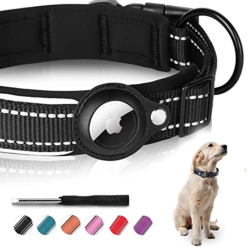 MouYou Airtag Hundehalsband,Airtag Halsband Hund Nylon Gepolstertes,Verstellbares Reflektierend Hundehalsband für Apple AirTag Integration für große/mittelgroße/kleine Hunde(Größe-L,Schwarz) von mouyou
