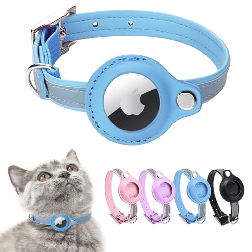 Airtag Katzenhalsband Aus Leder - Reflektierend, Verstellbar, GPS-Tracking Für Große/Mittelgroße/Kleine Katzen - Anti-Verloren Hülle (XS, Blau) von MouyouGlow