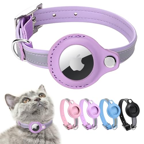 Airtag Katzenhalsband,Leder Airtag Halsband Katze,Reflektierend Verstellbar GPS Katzenhalsband Airtag Hülle für Tracking Katze Anti-verloren,Airtag Katze für große/mittelgroße/kleine Katze(XS,Lila von mouyou