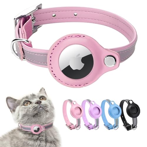 Airtag Katzenhalsband,Leder Airtag Halsband Katze,Reflektierend Verstellbar GPS Katzenhalsband Airtag Hülle für Tracking Katze Anti-verloren,Airtag Katze für große/mittelgroße/kleine Katze(S,Rosa von mouyou