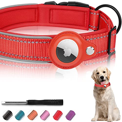 MouYou Airtag Hundehalsband,Airtag Halsband Hund Nylon Gepolstertes,Verstellbares Reflektierend Hundehalsband für Apple AirTag Integration für große/mittelgroße/kleine Hunde(Größe-L,Rot) von mouyou