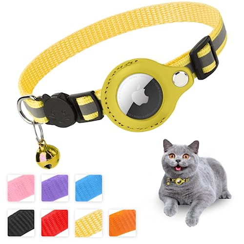 Mouyou Airtag Katzenhalsband,Airtag Halsband Katze Weiches Nylon Reflektierend mit Glocke und Sicherheitsverschluss,Tracking Katzen Halsband mit Halter Airtag Hülle Verstellbar von 22-34cm Gelb von mouyou