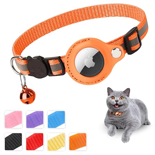 Mouyou Airtag Katzenhalsband,Airtag Halsband Katze Weiches Nylon Reflektierend mit Glocke und Sicherheitsverschluss,Tracking Katzen Halsband mit Halter Airtag Hülle Verstellbar von 22-34cm Orange von mouyou