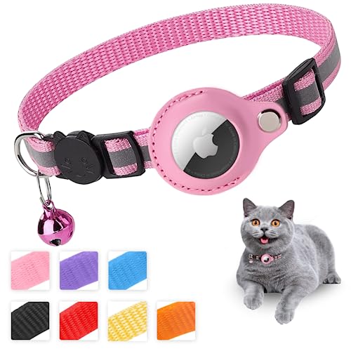 Mouyou Airtag Katzenhalsband,Airtag Halsband Katze Weiches Nylon Reflektierend mit Glocke und Sicherheitsverschluss,Tracking Katzen Halsband mit Halter Airtag Hülle Verstellbar von 22-34cm Rosa von mouyou