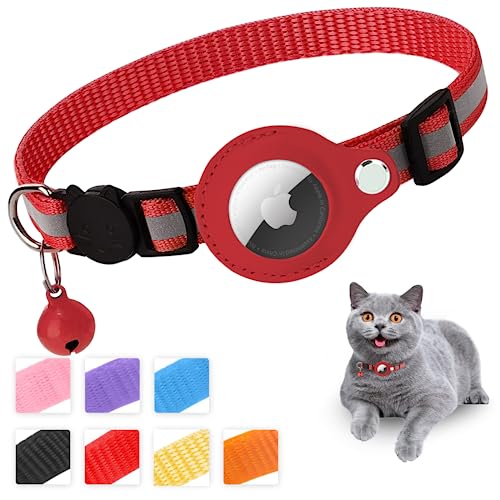 Mouyou Airtag Katzenhalsband,Airtag Halsband Katze Weiches Nylon Reflektierend mit Glocke und Sicherheitsverschluss,Tracking Katzen Halsband mit Halter Airtag Hülle Verstellbar von 22-34cm Rot von mouyou