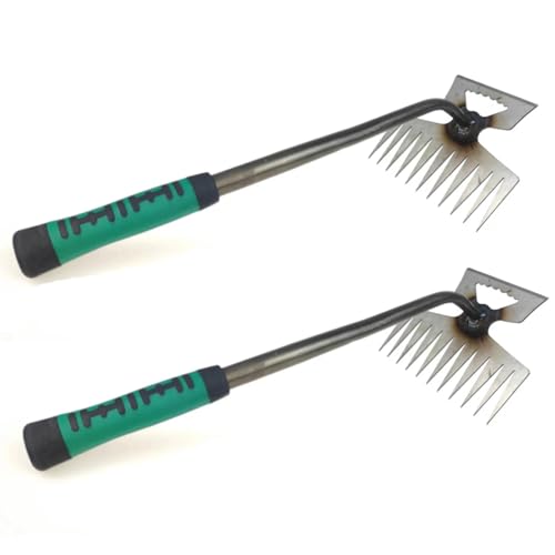 2er Unkraut Entferner Gerät, Unkrautstecher mit Silikon Griff, Gartenarbeit Hand Unkrautstecher, Stabil und Langlebig, Silber Grün (11 Zähne) von mumisuto