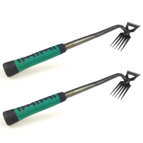 2er Unkraut Entferner Gerät, Unkrautstecher mit Silikon Griff, Gartenarbeit Hand Unkrautstecher, Stabil und Langlebig, Silber Grün (5 Zähne) von mumisuto