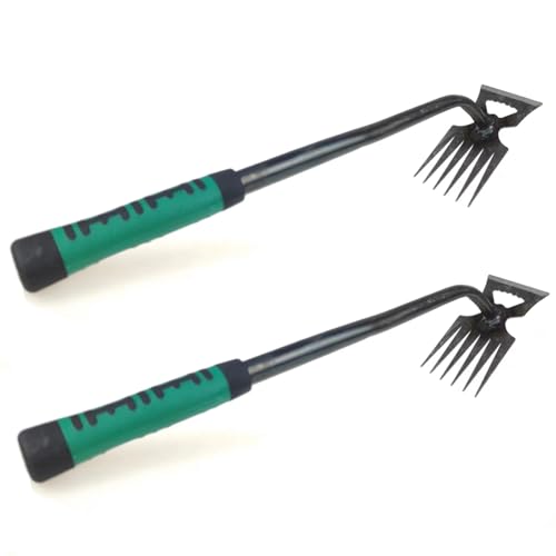 2er Unkraut Entferner Gerät, Unkrautstecher mit Silikon Griff, Gartenarbeit Hand Unkrautstecher, Stabil und Langlebig, Silber Grün (6 Zähne) von mumisuto