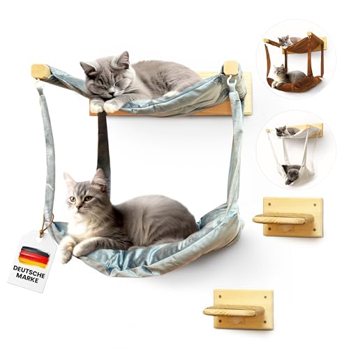 myHANA Kletterwand Katzen Set Kiefernholz | Hängematte Katze 3 Farbvarianten| 2X Katzentreppe Wand | Katzen Wandelemente Set| Katzenmöbel | Katzewandliege| Katzenbett | Wandkratzbaum | Katzenwand von my HANA