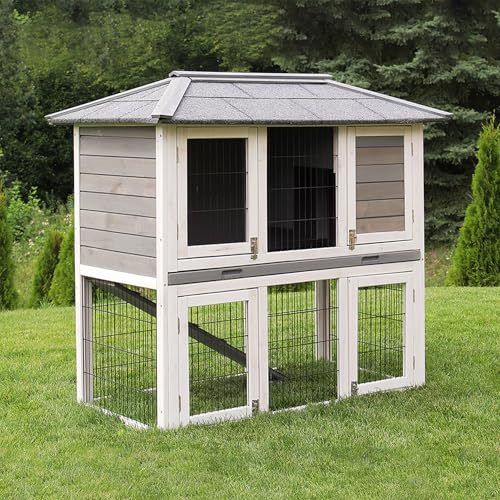 Miweba MyAnimal Hasenstall MH-28 | 116x63x116 cm - Kaninchenstall mit Freilaufgehege - Doppelstockhaus 2 Ebenen - Hasenkäfig - Imprägniert - Kaninchenkäfig Winterfest - Indoor und Outdoor (Grau/Weiß) von my animal