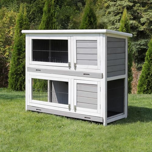 Miweba MyAnimal Hasenstall MH-20 | 120x51x105 cm - Kaninchenstall mit Freilaufgehege - Doppelstockhaus 2 Ebenen - Hasenkäfig - Holz imprägniert - Kaninchenkäfig winterfest - Indoor Outdoor (Grau/Weiß) von my animal