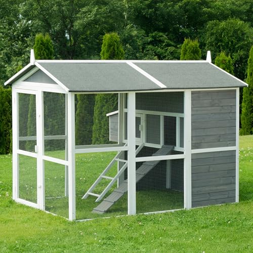 Miweba MyAnimal Hühnerstall MH-15 XXL | 186x146x147 cm - Für 7 Hühner - Nistkasten mit Freilaufgehege - Sitzstange - Winterfest - 2 Ebenen - Hühnerhaus mit Eiablage - Kiefernholz - Voliere (Grau/Weiß) von my animal