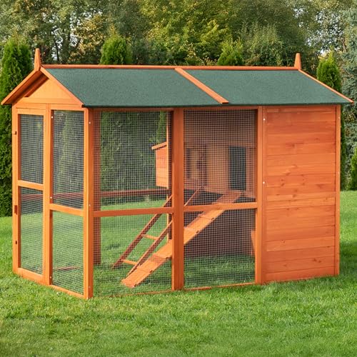 Miweba MyAnimal Hühnerstall MH-15 XXL | 186x146x147 cm - Für 7 Hühner - Nistkasten mit Freilaufgehege - Sitzstange - Winterfest - 2 Ebenen - Hühnerhaus mit Eiablage - Kiefernholz - Voliere (Braun) von my animal