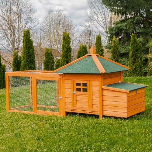 Miweba MyAnimal Hühnerstall MH-19 | 206x73x123 cm - Für 3 Hühner - Nistkasten mit Freilaufgehege - 2 Sitzstangen - Winterfest - Hühnerhaus mit Eiablage - Kiefernholz - Voliere (Braun) von my animal