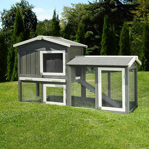 Miweba MyAnimal Hasenstall MH-03 | Kaninchenstall mit Freilaufgehege - Hasenkäfig - Kleintierkäfig - Holz imprägniert - Kaninchenkäfig Winterfest - Kleintiergehege - Käfig - Hasenhaus (Grau/Weiß) von my animal