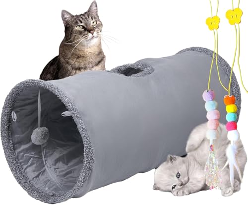mymai Faltbarer katzentunnel mit weichem Wildlederbezug, interaktiver Rascheltunnel für Katzen mit 2 Hängenden Spielzeugen, ideal für Kaninchen kleine Haustiere (Grau, A) von mymai