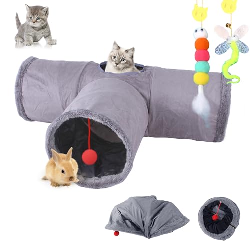 mymai Faltbarer katzentunnel mit weichem Wildlederbezug, interaktiver Rascheltunnel für Katzen mit 2 Hängenden Spielzeugen, ideal für Kaninchen kleine Haustiere (Grau, B) von mymai