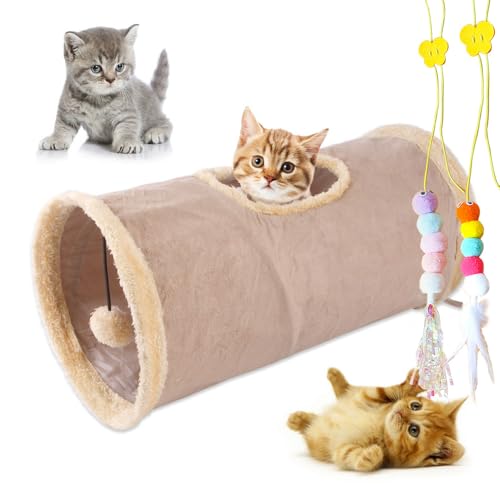 mymai Faltbarer katzentunnel mit weichem Wildlederbezug, interaktiver Rascheltunnel für Katzen mit 2 Hängenden Spielzeugen, ideal für Kaninchen kleine Haustiere (Khaki, A) von mymai