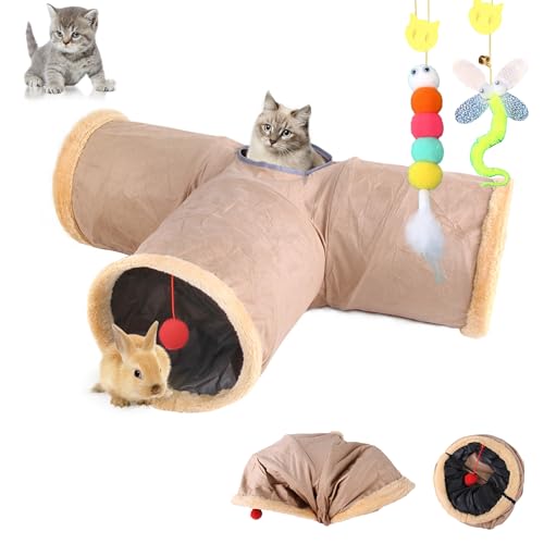 mymai Faltbarer katzentunnel mit weichem Wildlederbezug, interaktiver Rascheltunnel für Katzen mit 2 Hängenden Spielzeugen, ideal für Kaninchen kleine Haustiere (Khaki, B) von mymai