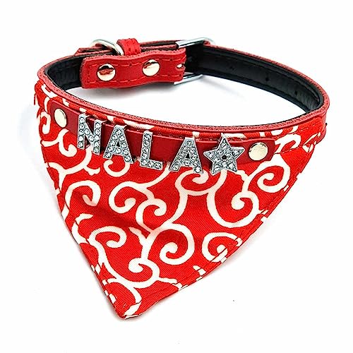 Bandana Hundehalsband und Hundehalstuch mit Namen aus Strass-Buchstaben, Leder Rot/S 24-30cm von mypfote.com