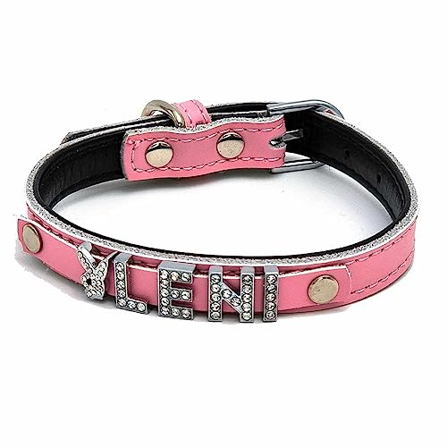 Edles Hundehalsband aus Leder personalisiert mit Glitzersteinen + Symbol Rosa/S 27-33cm von mypfote.com