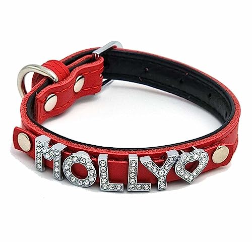 Edles Hundehalsband aus Leder personalisiert mit Glitzersteinen + Symbol Rot/S 27-33cm von mypfote.com