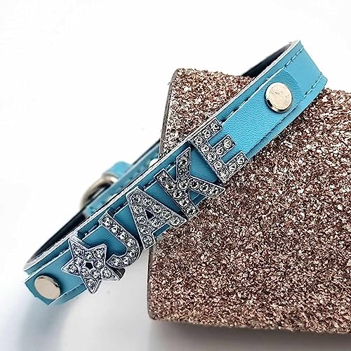 Edles Hundehalsband aus Leder personalisiert mit Glitzersteinen + Symbol Türkis/S 27-33cm von mypfote.com