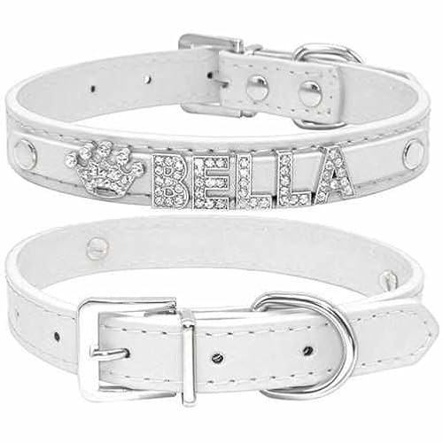 Edles Hundehalsband personalisiert mit Glitzersteinen + Symbol M 29-38cm / Weiß von mypfote.com