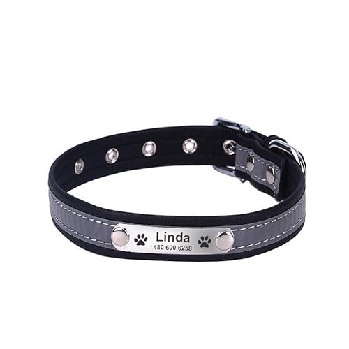 Hundehalsband mit Namen und Telefon graviert. Reflektierend Schwarz/L 36-46cm von mypfote.com