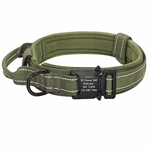 Militär Hundehalsband mit Namen und Griff, gratis Gravur auf Schnalle Grün/L 42-54cm von mypfote.com