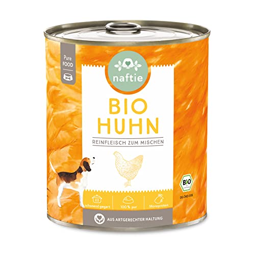 naftie Bio Hundefutter 100% Bio-Huhn - Reinfleisch Huhn pur - Nassfutter für Hunde zum Mischen, Barf-Fleisch - glutenfrei, getreidefrei - 800g Dosen von naftie