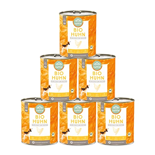 naftie Bio Hundefutter 100% Bio-Huhn - Reinfleisch Huhn pur - Hunde-Nassfutter zum Mischen - glutenfrei, getreidefrei - Sparpaket 6X 800g Dosen von naftie