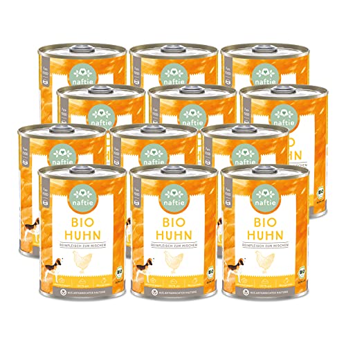 naftie Bio Hundefutter 100% Bio-Huhn - Reinfleischdosen Hühnchen pur - Nassfutter zum Mischen - glutenfrei, getreidefrei - Sparpaket 12x 400g Dosen von naftie