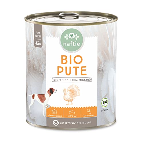 naftie Bio Hundefutter 100% Bio-Pute - Reinfleisch Pute pur - Nassfutter zum Mischen, Barf-Fleisch - Glutenfrei - Getreidefrei - 800 g Dose von naftie