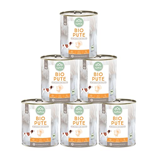 naftie Bio Hundefutter 100% Bio-Pute - Reinfleisch Pute pur - Nassfutter zum Mischen - glutenfrei, getreidefrei - Sparpaket 6X 800g Dosen von naftie