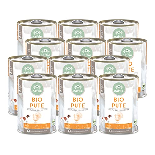 naftie Bio Hundefutter 100% Bio-Pute - Reinfleischdosen Pute pur - Nassfutter für Hunde zum Mischen - glutenfrei, getreidefrei - Sparpaket 12x 400g von naftie