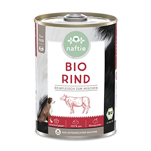 naftie Bio Hundefutter 100% Bio-Rind - Reinfleisch-Dose Rind pur - Hunde-Nassfutter zum Mischen, Barf-Fleisch - glutenfrei, getreidefrei - 400g Dose von naftie