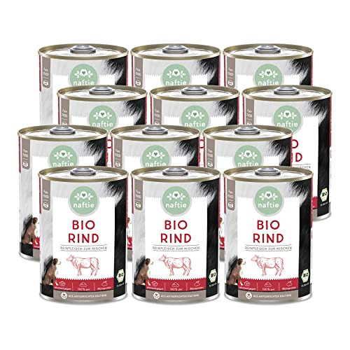 naftie Bio Hundefutter 100% Bio-Rind - Reinfleischdosen Rindfleisch pur - Nassfutter zum Mischen - glutenfrei getreidefrei - Sparpaket 12x 400g von naftie
