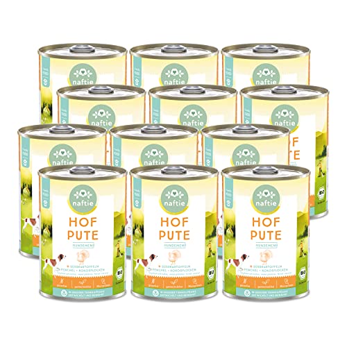 naftie Bio Hundefutter Hof Pute - Premium Nassfutter Menü mit Putenfleisch & Süßkartoffeln - getreidefrei glutenfrei - purinarm - 12x 400g Dosen von naftie