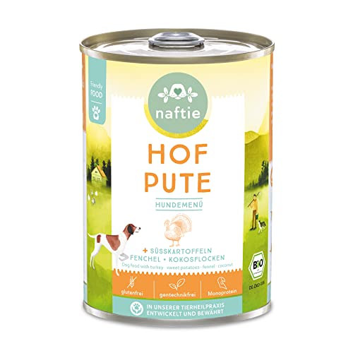 naftie Bio Hundefutter Hof Pute - Premium Nassfutter Menü mit Putenfleisch & Süßkartoffeln - getreidefrei glutenfrei - purinarm - 400g Dosen von naftie