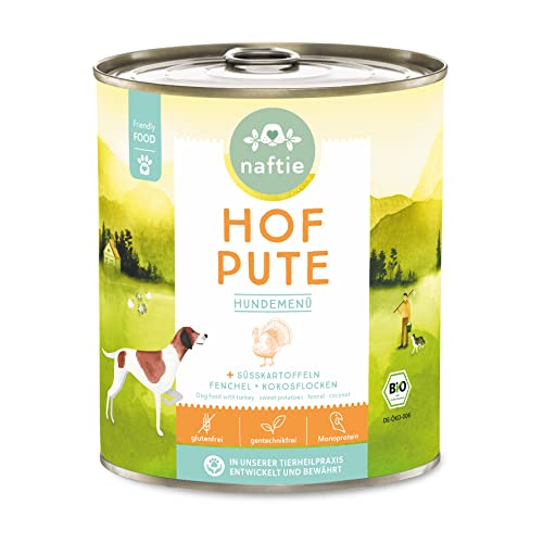 naftie Bio Hundefutter Hof Pute - Premium Nassfutter Menü mit Putenfleisch & Süßkartoffeln - getreidefrei glutenfrei - purinarm - 800g Dosen von naftie