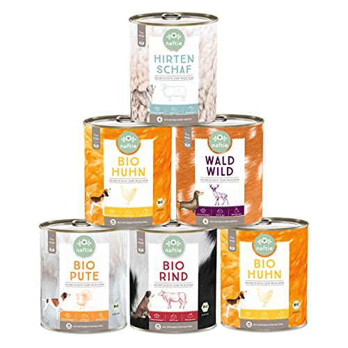 naftie Bio Hundefutter Reinfleischdosen Mischpakete - 100% Reinfleisch pur Spar-Pakete - Nassfutter zum Mischen - glutenfrei, getreidefrei - 6X 800g von naftie