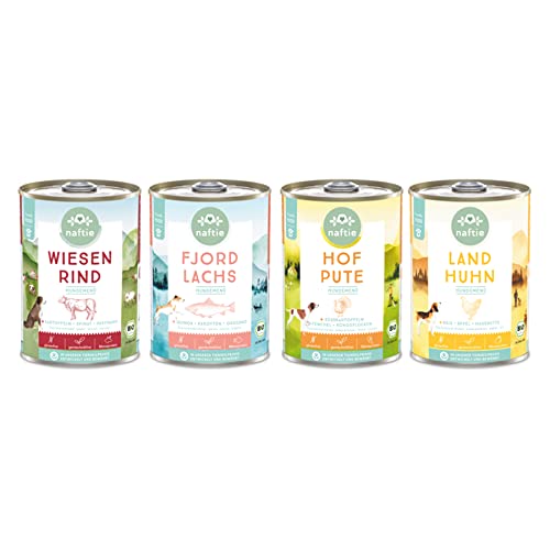 naftie Bio Hundefutter nass Testpakete - Bio-Nassfutter Menüs mit 4 Sorten für Adulte Hunde - glutenfrei fettarm - 4X 400g von naftie